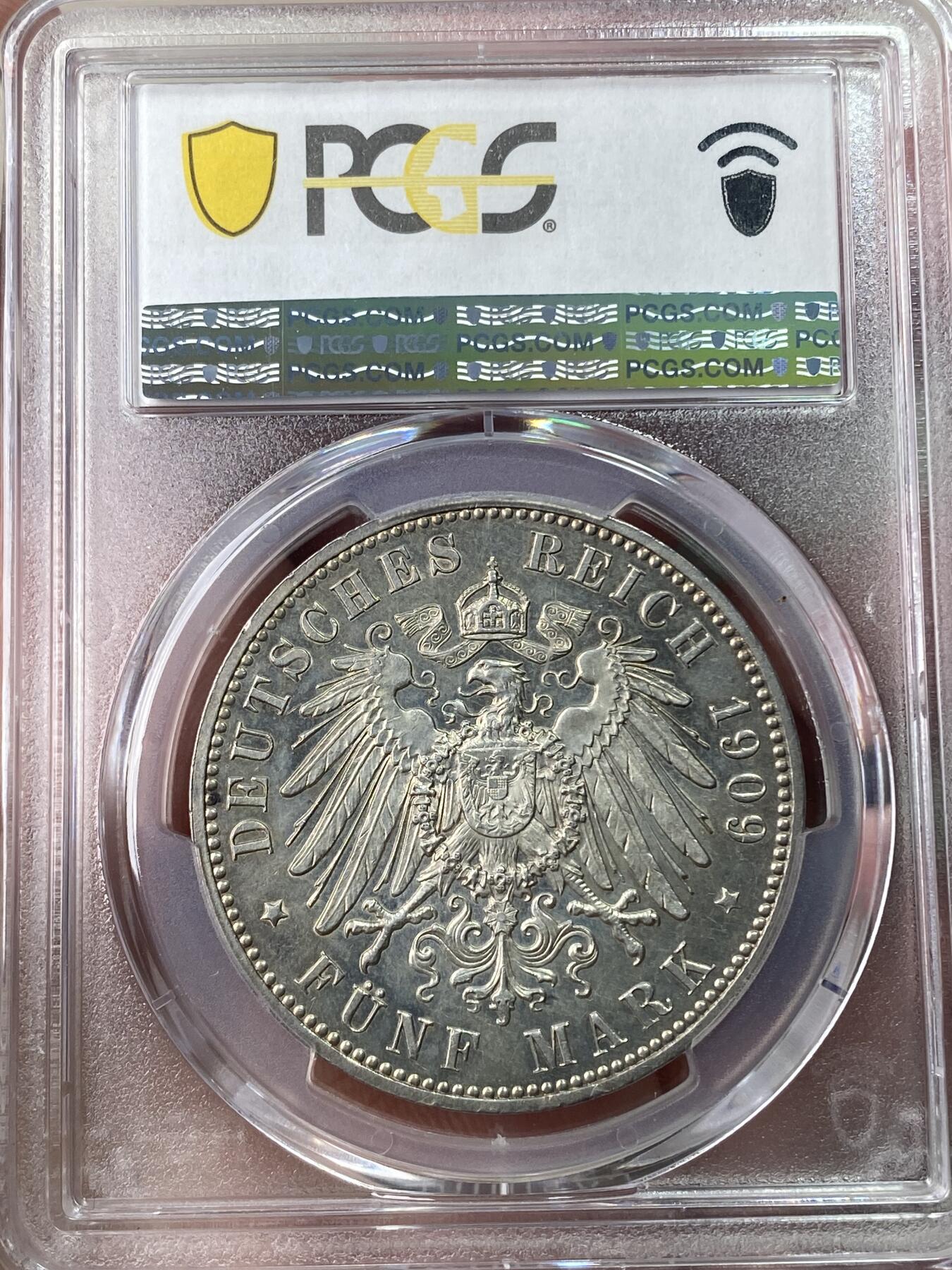 万国钱币拍卖第051期 PCGS MS62 1909年萨克森莱比锡大学长翅流通5马克 原味好品