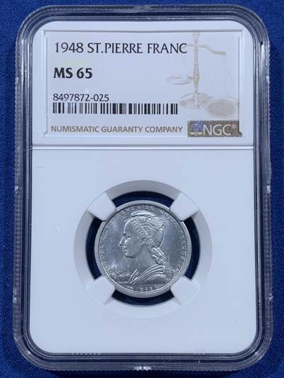 《竞宝斋》第410场 周日，周一，2场连拍 （全场包邮） NGC MS65 圣皮埃尔和密克隆1948年1法郎 法属少见国家 船图案经典 卷拆品 可藏