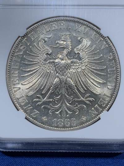 《竞宝斋》第410场 周日，周一，2场连拍 （全场包邮） NGC MS61 德国 1866年 法兰克福 2泰勒银币 转光极好