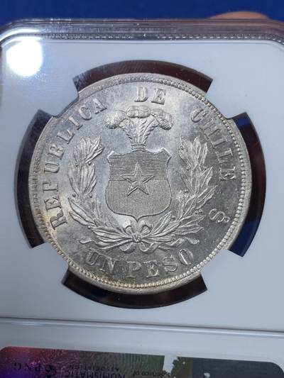 《竞宝斋》第410场 周日，周一，2场连拍 （全场包邮） NGC MS63 智利1882年秃鹰大银币，智利和英国硝石战争结束前一年的出品，智利在经济困境中任然制作出如此高品质的银币非常不易。