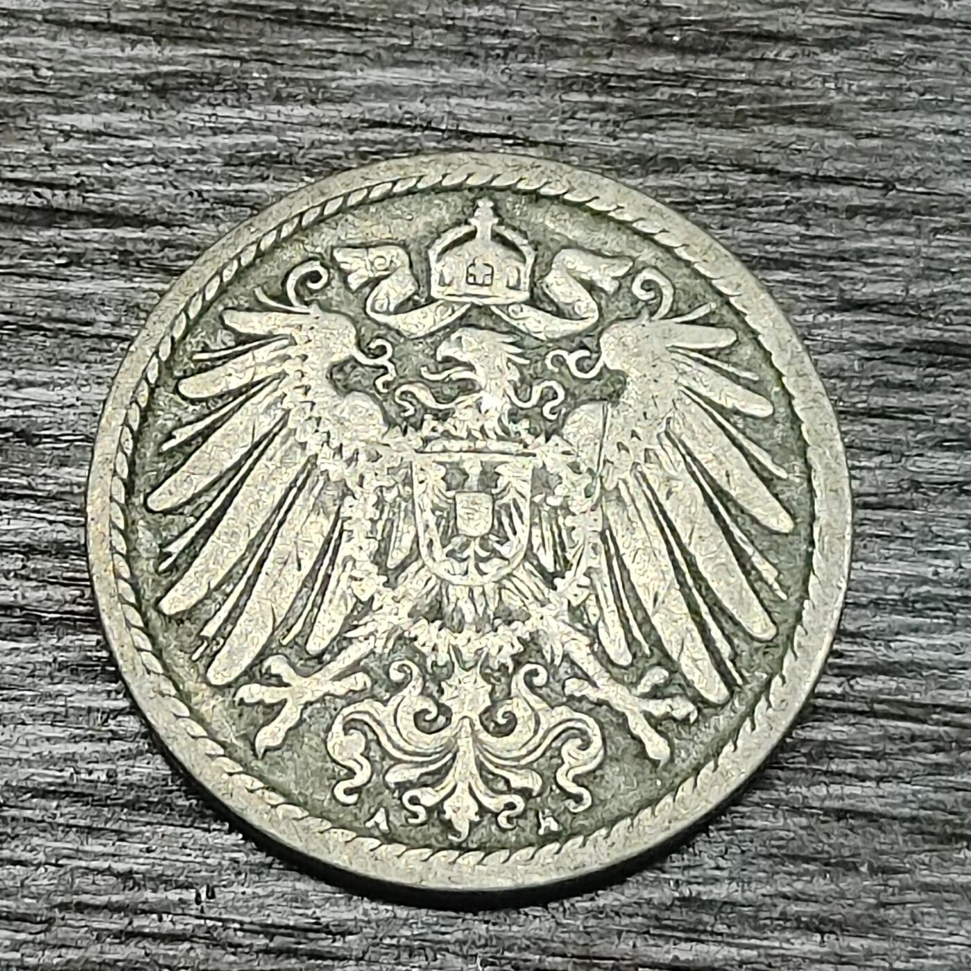 【铜匠收藏】★第130场★散币场，无佣金，30包邮。不满30元，支付5元运费。《接受代拍 代送NGC评级》 德国 1894年 5芬尼 长翅鹰 A厂 镍币 德意志第二帝国