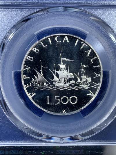 《竞宝斋》第410场 周日，周一，2场连拍 （全场包邮） 亚军分 PCGS PR68DCAM 1985年 意大利 500里拉 精制银币 霜光十足