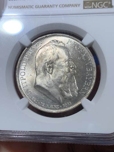 《竞宝斋》第410场 周日，周一，2场连拍 （全场包邮） NGC MS64 德国1911年巴伐利亚摄政王诞辰90周年3马克银币