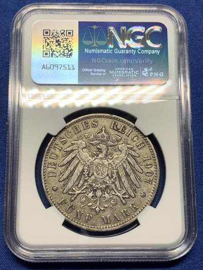 《竞宝斋》第410场 周日，周一，2场连拍 （全场包邮） NGC XF45 德国1907年汉堡-双狮5马克银币