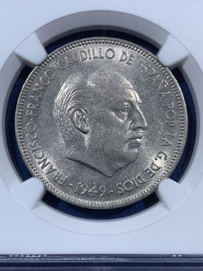 《竞宝斋》第410场 周日，周一，2场连拍 （全场包邮） NGC MS63 西班牙1949年佛朗哥5比塞塔镍币