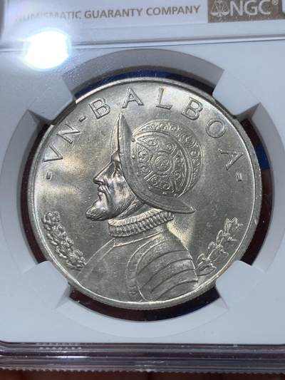 《竞宝斋》第410场 周日，周一，2场连拍 （全场包邮） NGC MS64 巴拿马 1947年 1波拿巴 银币 卷拆转光