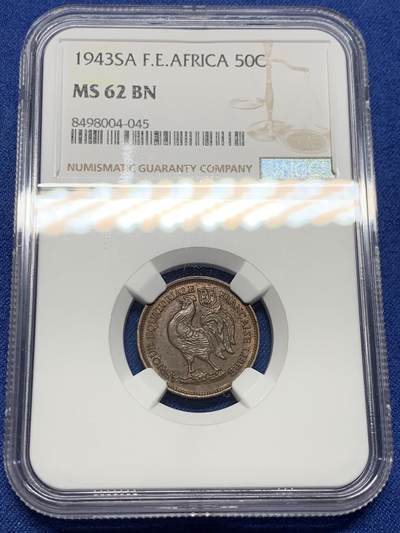 《竞宝斋》第410场 周日，周一，2场连拍 （全场包邮） - NGC MS62BN 法属赤道非洲 1943年 50分红铜币