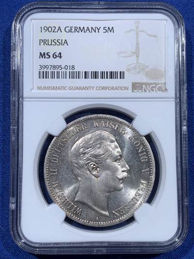 《竞宝斋》第410场 周日，周一，2场连拍 （全场包邮） 亚军分 NGC MS64 德国1902年威廉二世5马克大银币 经典品种 上BU很难