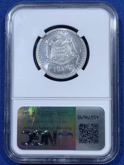 《竞宝斋》第410场 周日，周一，2场连拍 （全场包邮） NGC MS65 摩纳哥1943年2法郎铝币 超高分 非常少见的一版 市面上大多都是流通品 好品国外很贵 一步到位 可藏