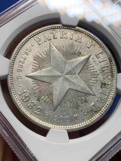 《竞宝斋》第410场 周日，周一，2场连拍 （全场包邮） NGC AU58 古巴1932年五角星1比索银币