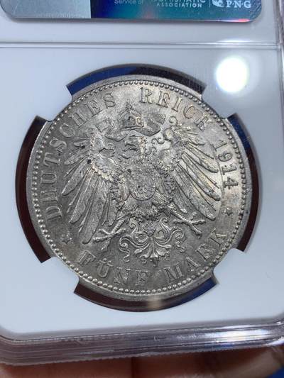 《竞宝斋》第410场 周日，周一，2场连拍 （全场包邮） NGC AU58 德国 1914年 普鲁士威廉二世军装5马克