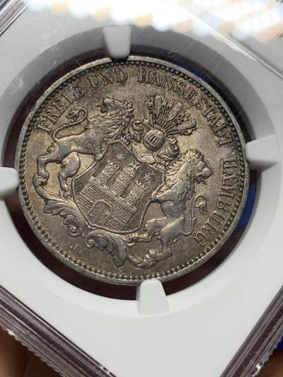 《竞宝斋》第410场 周日，周一，2场连拍 （全场包邮） NGC AU58 德国1909年汉堡双狮3马克银币
