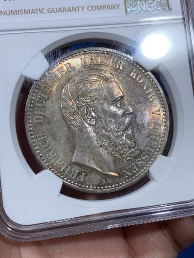 《竞宝斋》第410场 周日，周一，2场连拍 （全场包邮） NGC MS63 德国 普鲁士 1888年 三皇 5马克 银币 包浆五彩值得入手