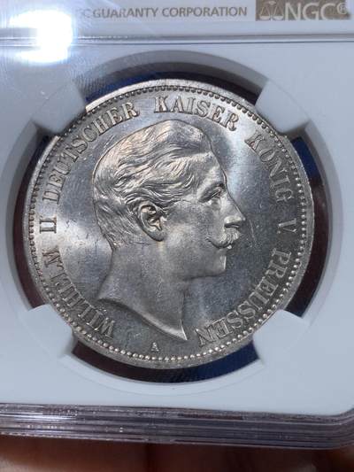 《竞宝斋》第410场 周日，周一，2场连拍 （全场包邮） 亚军分 NGC MS64 德国1902年威廉二世5马克大银币 经典品种 上BU很难