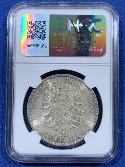 《竞宝斋》第410场 周日，周一，2场连拍 （全场包邮） NGC MS63 德国 普鲁士 1888年 三皇 5马克 银币 包浆五彩值得入手
