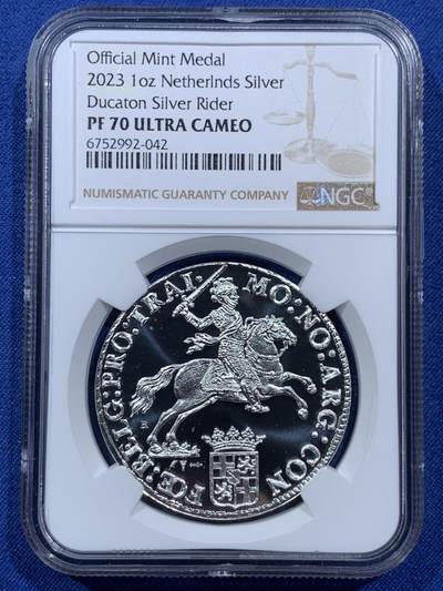 《竞宝斋》第410场 周日，周一，2场连拍 （全场包邮） NGC PF70UC 荷兰2023年乌特勒支1盎司乌特勒支马剑杜卡特复刻银币（荷兰皇家造币厂官方重铸，盒证齐全，发行量仅200枚 冠军分品相）
