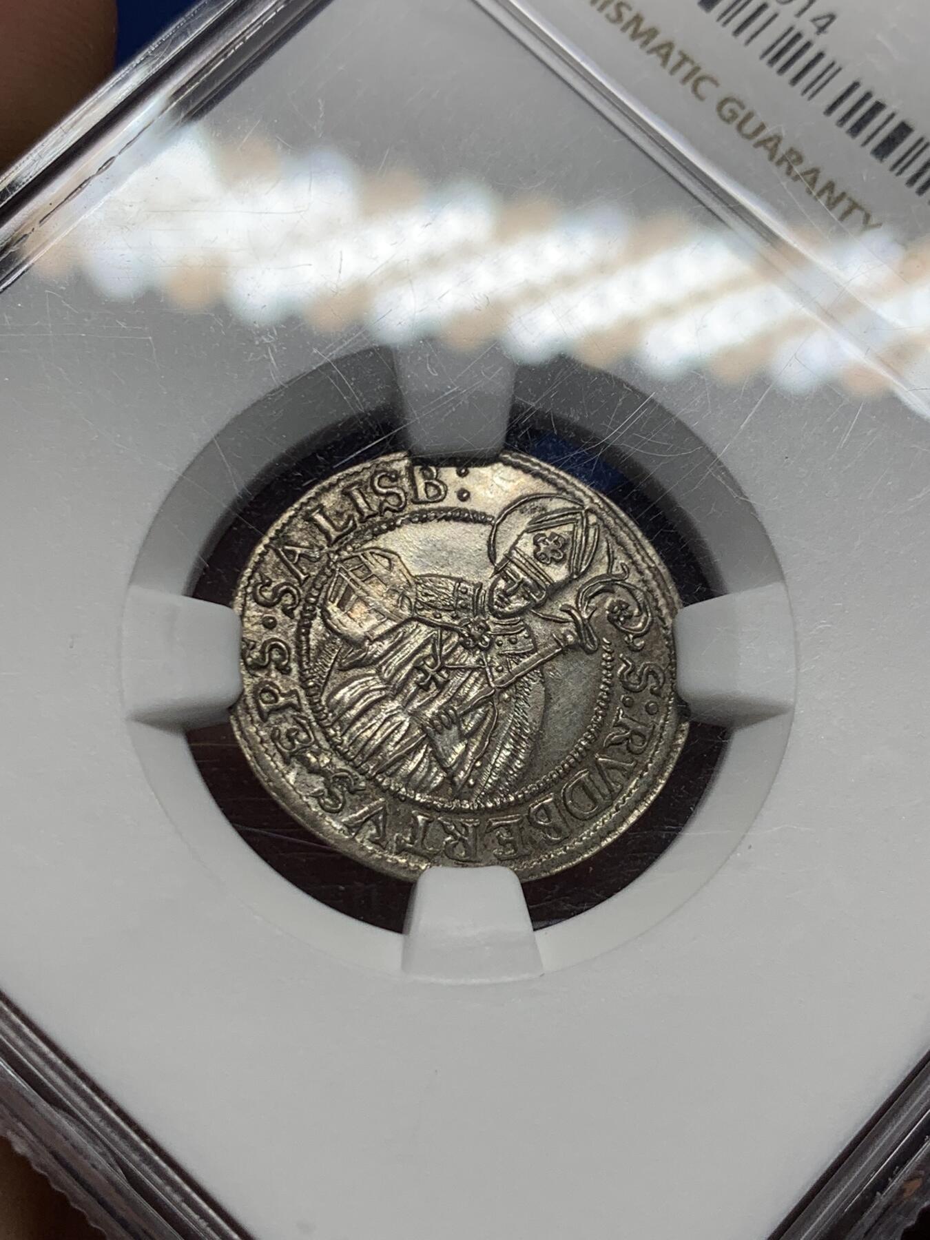 《竞宝斋》第410场 周日，周一，2场连拍 （全场包邮） NGC MS61 奥地利萨尔茨堡大主教1681年3克鲁泽银币 压印完美银光耀眼 脸和盾全清晰 优秀的MS