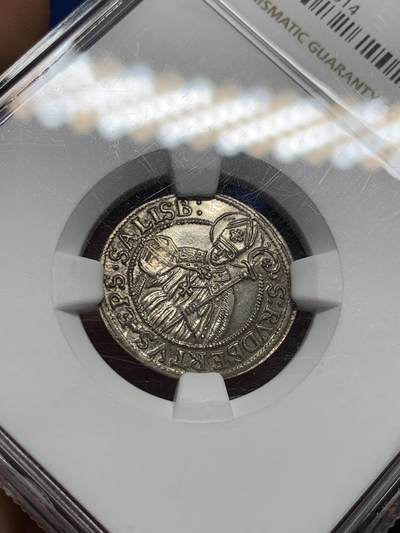 《竞宝斋》第410场 周日，周一，2场连拍 （全场包邮） NGC MS61 奥地利萨尔茨堡大主教1681年3克鲁泽银币 压印完美银光耀眼 脸和盾全清晰 优秀的MS