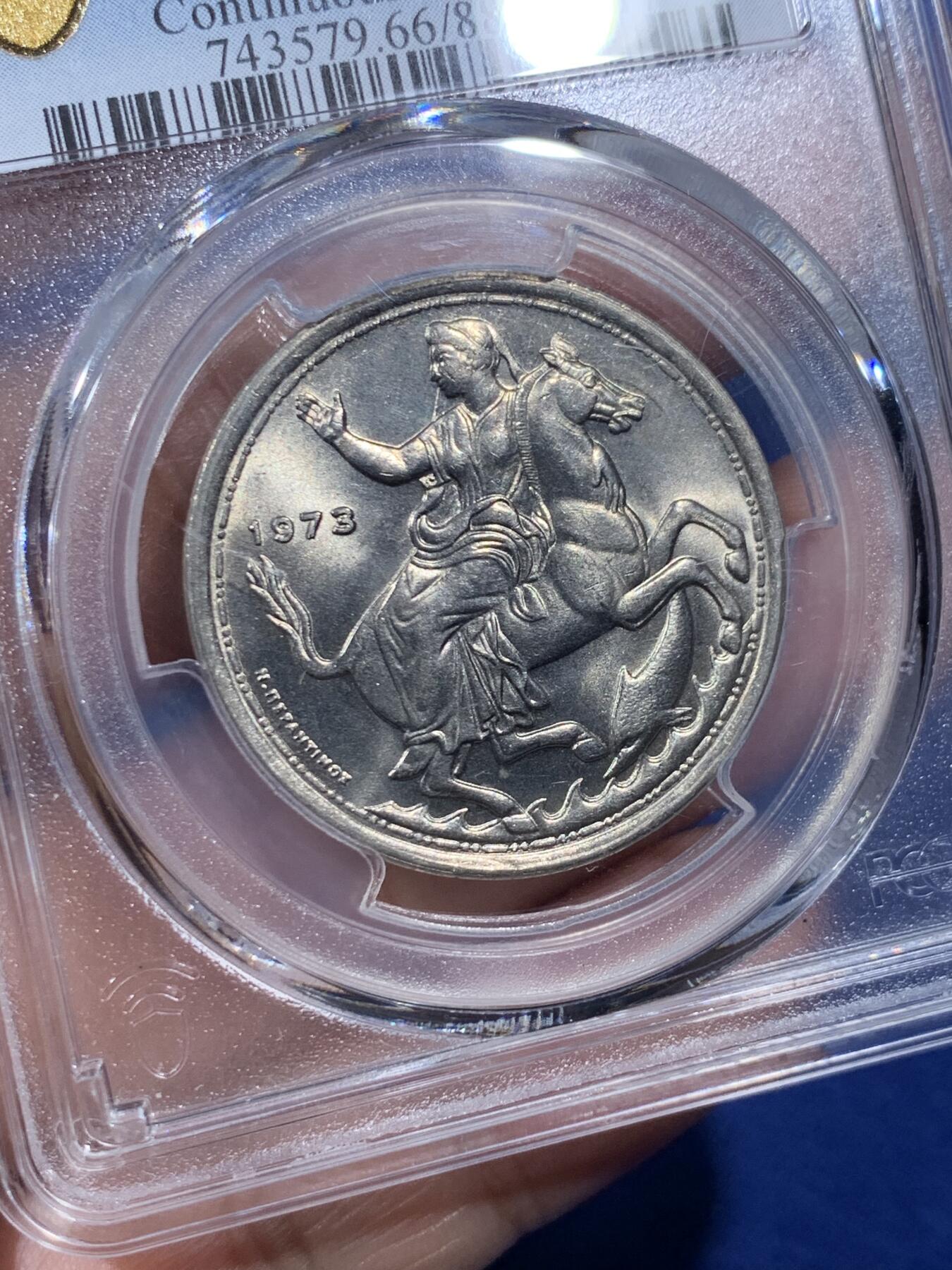 《竞宝斋》第410场 周日，周一，2场连拍 （全场包邮） PCGS MS66 希腊1973年月亮女神20德拉克马 车轮光状态漂亮！高分！