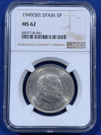《竞宝斋》第410场 周日，周一，2场连拍 （全场包邮） - NGC MS63 西班牙1949年佛朗哥5比塞塔镍币