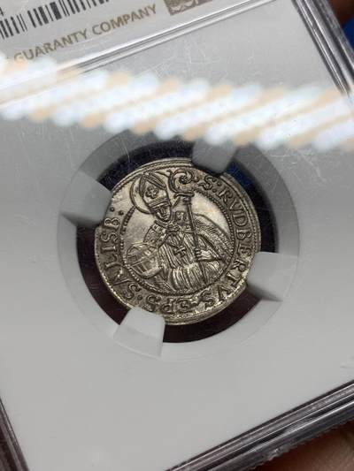 《竞宝斋》第410场 周日，周一，2场连拍 （全场包邮） NGC MS61 奥地利萨尔茨堡大主教1681年3克鲁泽银币 压印完美银光耀眼 脸和盾全清晰 优秀的MS