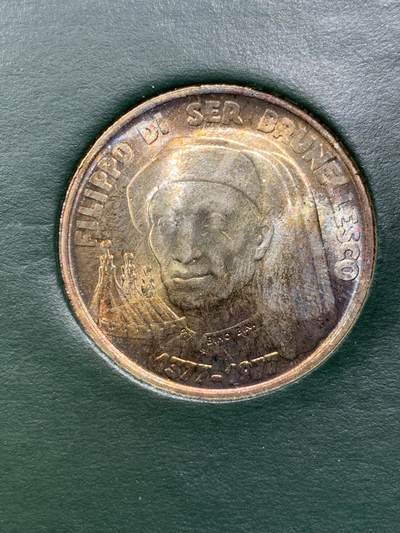 《竞宝斋》第410场 周日，周一，2场连拍 （全场包邮） 卡装两枚一组 圣马力诺1977年布鲁内莱斯基诞辰600周年1000里拉纪念银币