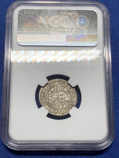 《竞宝斋》第410场 周日，周一，2场连拍 （全场包邮） NGC MS61 奥地利萨尔茨堡大主教1681年3克鲁泽银币 压印完美银光耀眼 脸和盾全清晰 优秀的MS