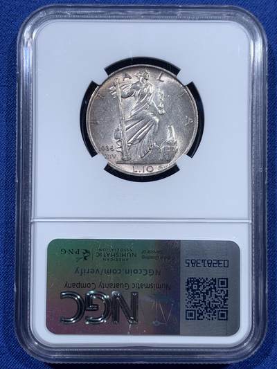 《竞宝斋》第410场 周日，周一，2场连拍 （全场包邮） NGC MS62 意大利 1936年 10里拉 银币 好品少见