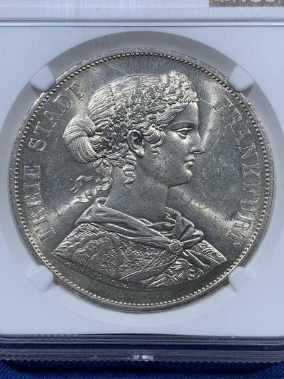 《竞宝斋》第410场 周日，周一，2场连拍 （全场包邮） NGC MS61 德国 1866年 法兰克福 2泰勒银币 转光极好