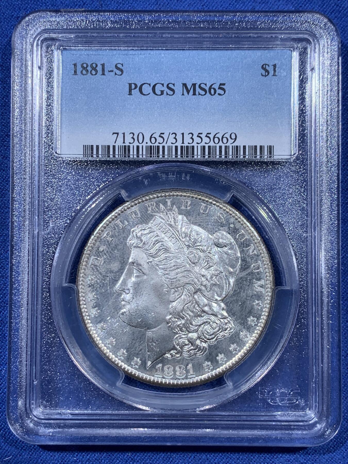《竞宝斋》第410场 周日，周一，2场连拍 （全场包邮） PCGS MS65 美国 1881-S 摩根银元 正面有类镜面效果 光度很好 PL状态
