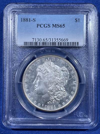 《竞宝斋》第410场 周日，周一，2场连拍 （全场包邮） - PCGS MS65 美国 1881-S 摩根银元 正面有类镜面效果 光度很好 PL状态