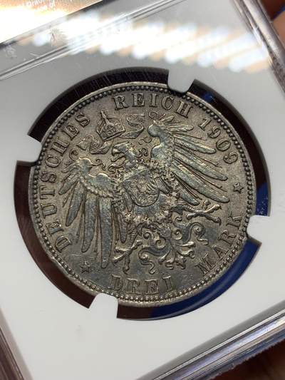 《竞宝斋》第410场 周日，周一，2场连拍 （全场包邮） NGC AU58 德国1909年汉堡双狮3马克银币