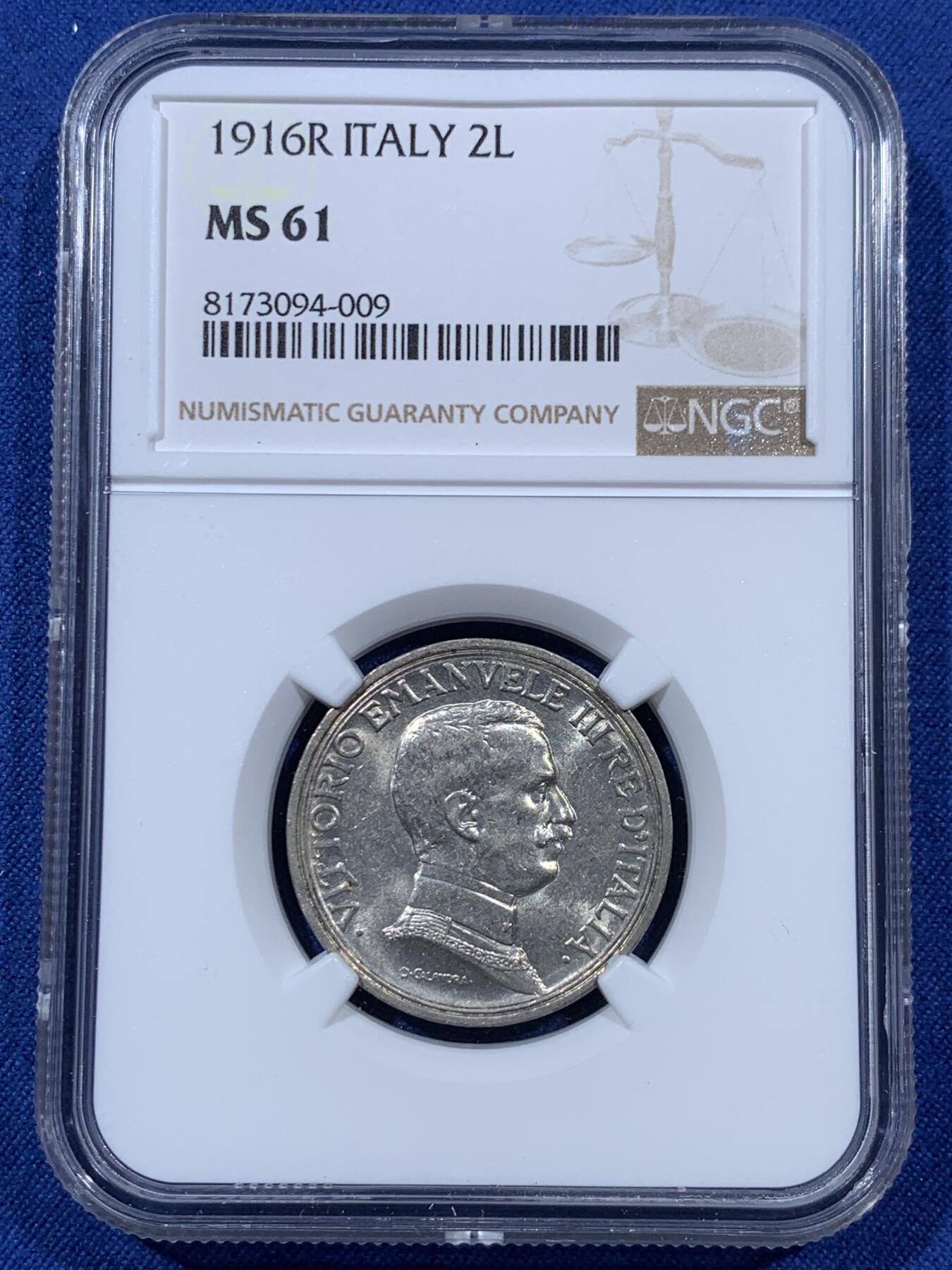 《竞宝斋》第410场 周日，周一，2场连拍 （全场包邮） NGC MS61 意大利 1916 马车 2里拉 银币 埃马努埃莱三世
