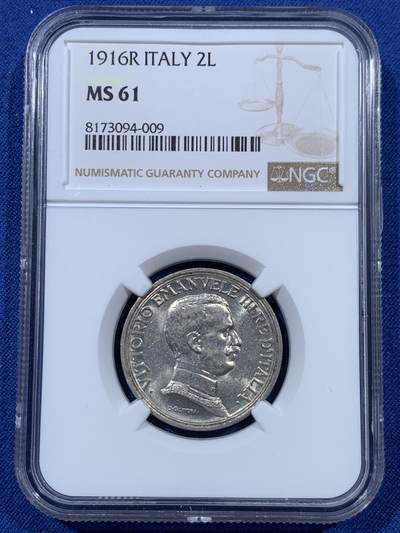 《竞宝斋》第410场 周日，周一，2场连拍 （全场包邮） - NGC MS61 意大利 1916 马车 2里拉 银币 埃马努埃莱三世