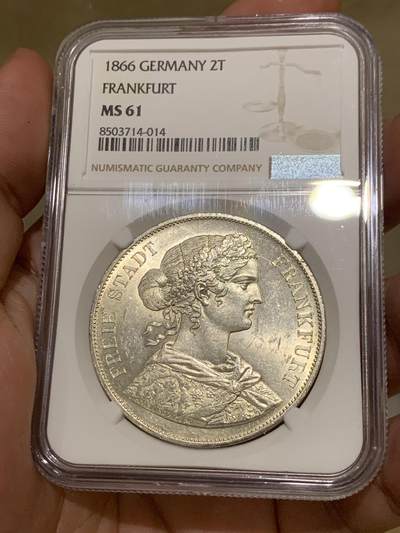 《竞宝斋》第410场 周日，周一，2场连拍 （全场包邮） NGC MS61 德国 1866年 法兰克福 2泰勒银币 转光极好