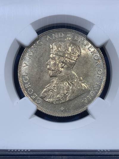 《竞宝斋》第410场 周日，周一，2场连拍 （全场包邮） NGC MS64 英属海峡殖民地 1920年 乔治五世 50分 银币 黄油彩 十字星暗记