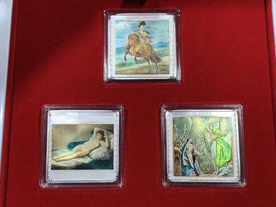 《竞宝斋》第410场 周日，周一，2场连拍 （全场包邮） 西班牙2019年名画戈雅格列柯委拉斯凯兹银币3枚套装 盒证齐全!