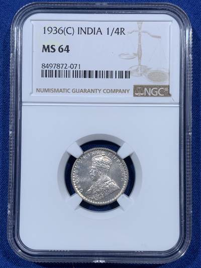 《竞宝斋》第410场 周日，周一，2场连拍 （全场包邮） - NGC MS64 1936 印度1/4卢比银币 两面转光 64已经是非常不错的分数了 可藏