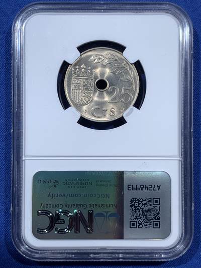 《竞宝斋》第410场 周日，周一，2场连拍 （全场包邮） NGC MS64 西班牙 1937年 内战版 25分 原光镍币 好品非常少