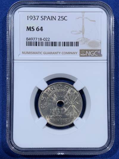 《竞宝斋》第410场 周日，周一，2场连拍 （全场包邮） NGC MS64 西班牙 1937年 内战版 25分 原光镍币 好品非常少
