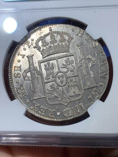 《竞宝斋》第410场 周日，周一，2场连拍 （全场包邮） NGC MS63 西属秘鲁 1820 LIMA JP 费七人像双柱 8瑞尔 双面深打