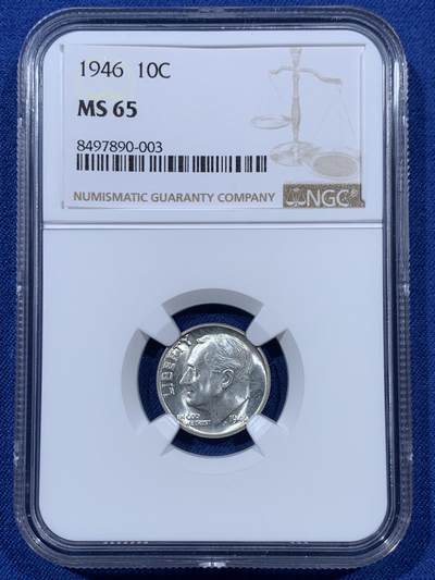 《竞宝斋》第410场 周日，周一，2场连拍 （全场包邮） - NGC MS65 美国1946年10美分银币，罗斯福10美分首年份
