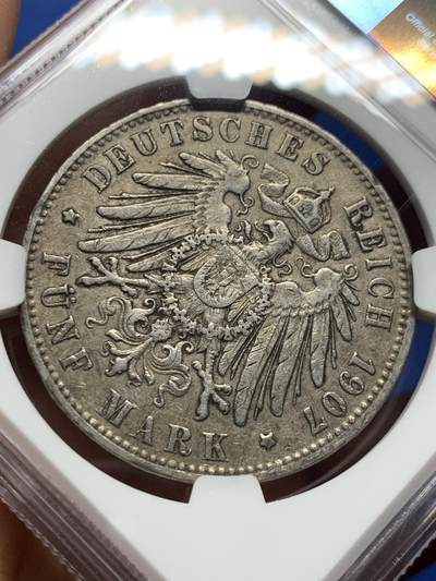 《竞宝斋》第410场 周日，周一，2场连拍 （全场包邮） NGC XF45 德国1907年汉堡-双狮5马克银币