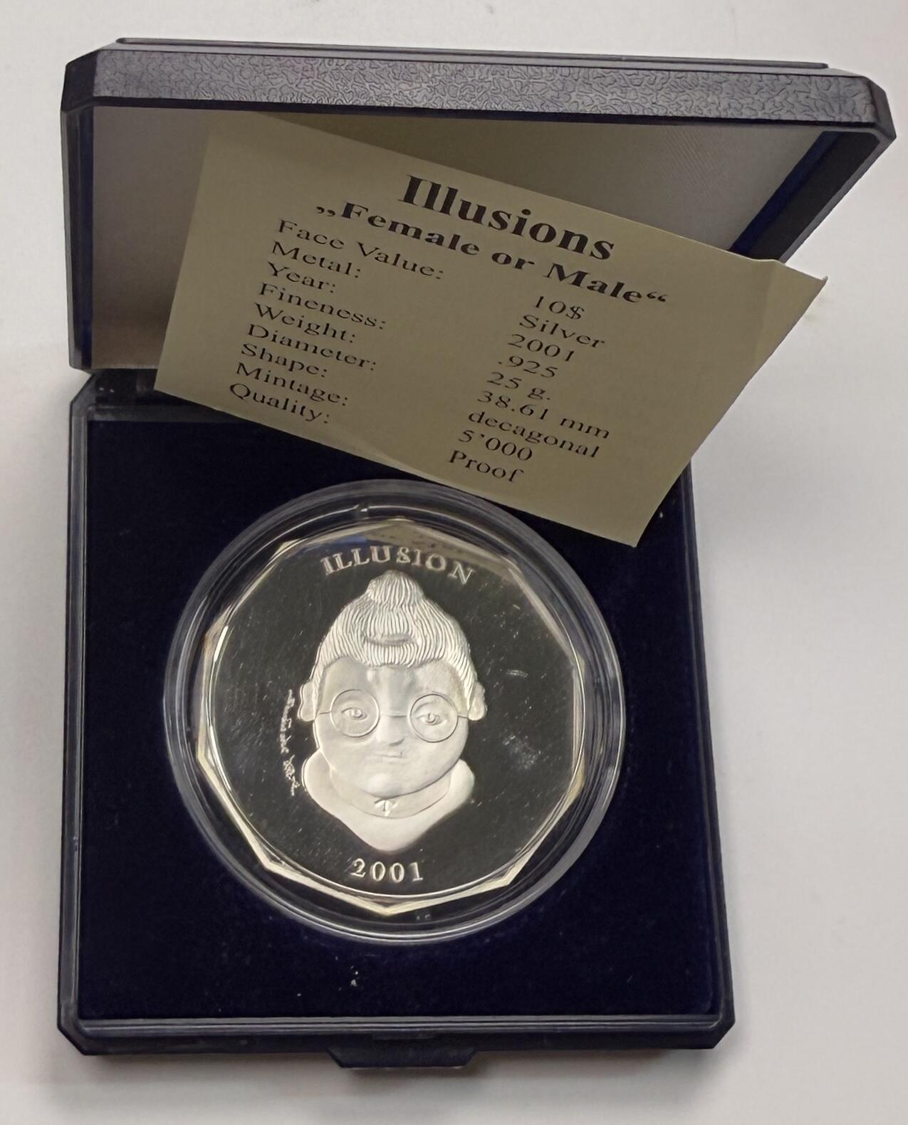 S&S Numismatic世界钱币-拍卖 第113期  利比里亚2001年 幻觉 10元精制纪念银币 盒证齐全 独特的设计旋转币面呈现老爷爷和老奶奶