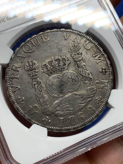 《竞宝斋》第410场 周日，周一，2场连拍 （全场包邮） NGC XF45 墨西哥 1768年MO MF 地球双柱大银币 有分老包浆状态好