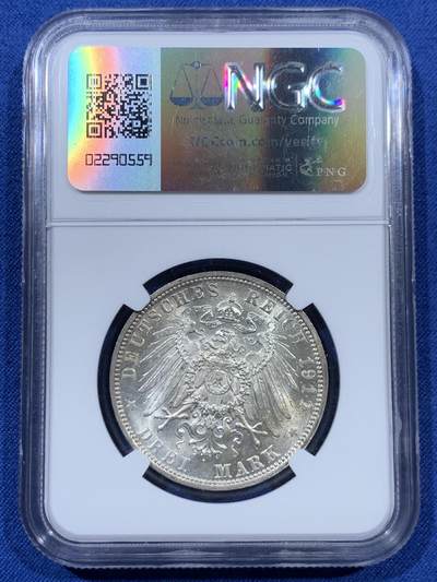 《竞宝斋》第410场 周日，周一，2场连拍 （全场包邮） NGC MS64 德国1911年巴伐利亚摄政王诞辰90周年3马克银币