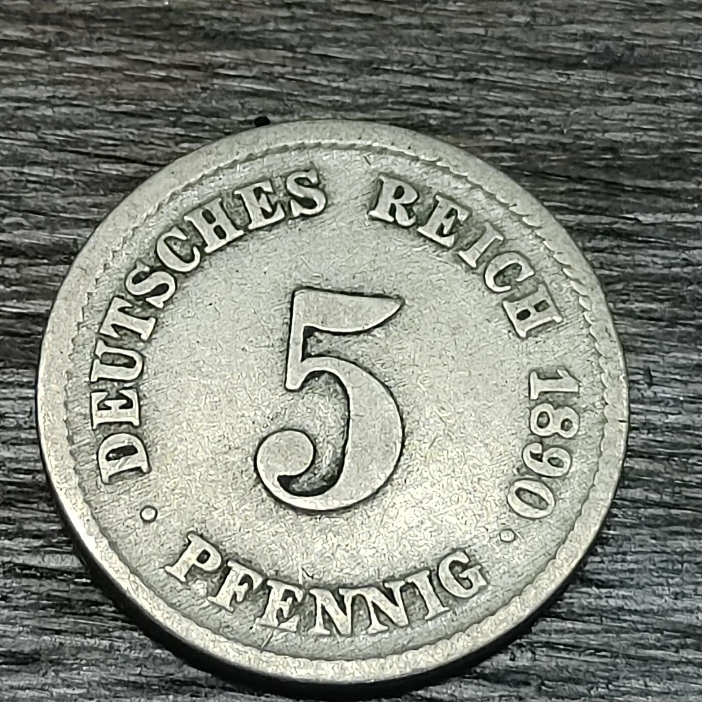 【铜匠收藏】★第130场★散币场，无佣金，30包邮。不满30元，支付5元运费。《接受代拍 代送NGC评级》 德国 1890年 F厂 长翅 5芬尼 镍币