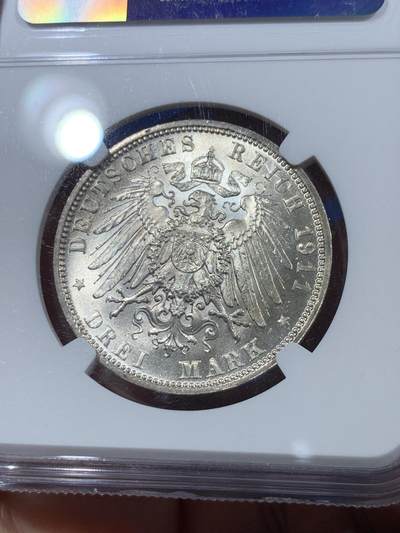 《竞宝斋》第410场 周日，周一，2场连拍 （全场包邮） NGC MS64 德国1911年巴伐利亚摄政王诞辰90周年3马克银币