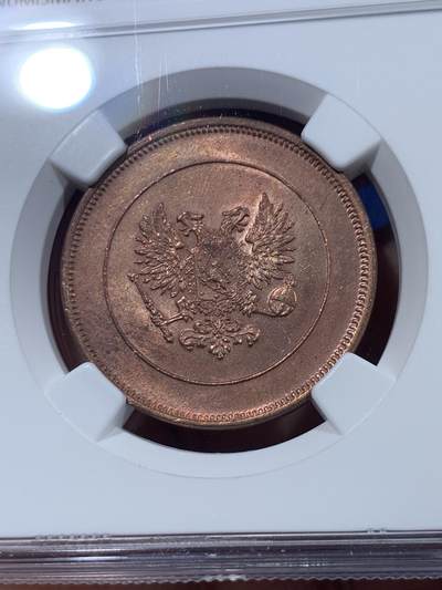 《竞宝斋》第410场 周日，周一，2场连拍 （全场包邮） NGC MS63RB 芬兰1917年临时政府10盆尼双头鹰铜币，单独年份