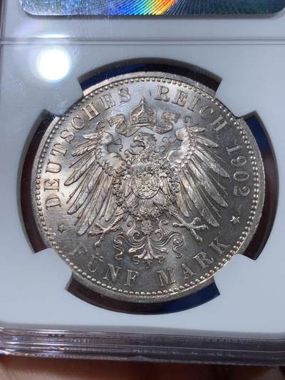 《竞宝斋》第410场 周日，周一，2场连拍 （全场包邮） 亚军分 NGC MS64 德国1902年威廉二世5马克大银币 经典品种 上BU很难